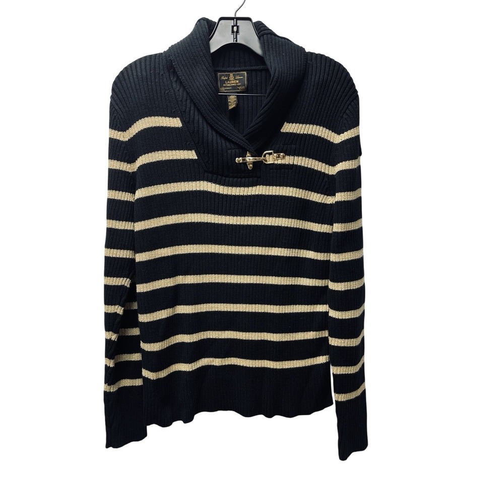 Lauren Ralph Lauren XL Black Gold Sweater Metallic Shawl Nautical Fisherman Cozy